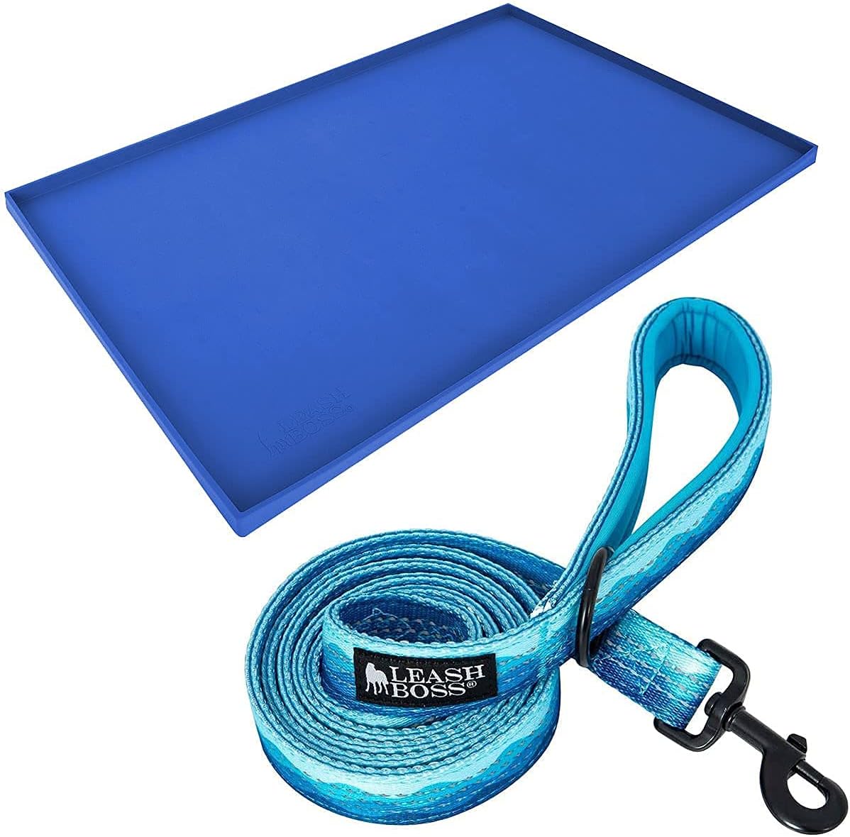 Leashboss XL Mat and Wave Leash - Silicone Dog Food Mat (Blue 25” x 17”) and Double-Thick 6Ft Reflective Leash with Padded Handle (Wave)