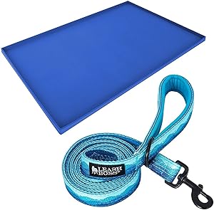 Leashboss XL Mat and Wave Leash - Silicone Dog Food Mat (Blue 25” x 17”) and Double-Thick 6Ft Reflective Leash with Padded Handle (Wave)