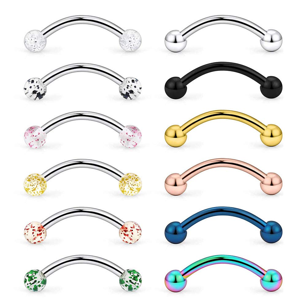 Briana Williams 12pcs Eyebrow Bar Cuved Barbell Set 16G Stainless Steel 10mm Nose Lip Tragus Daith Belly Piercing