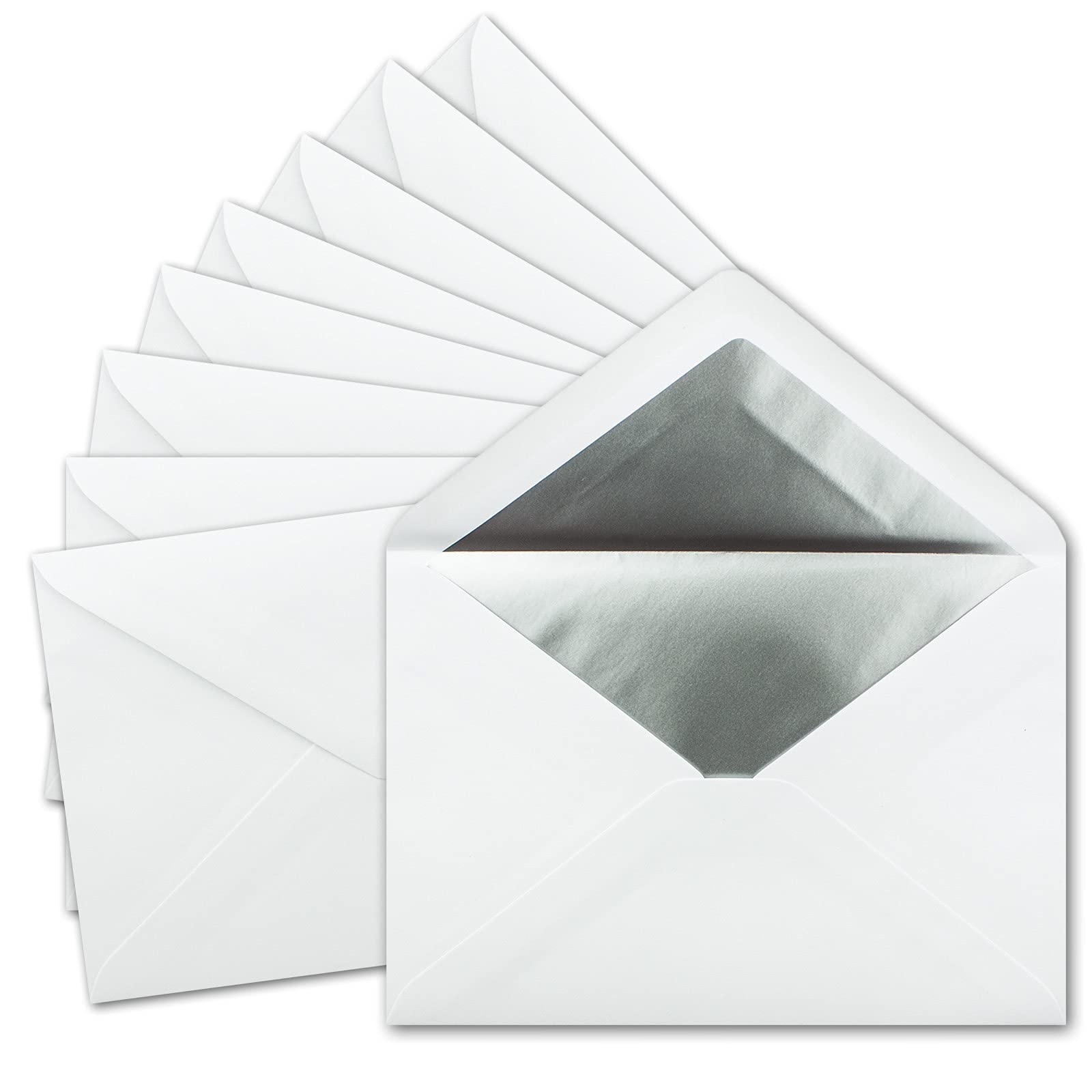 25 x DIN C5 envelopes, 15.7 x 22.5 cm, in white with silver silk lining, wet seal, blank envelopes, postal envelopes without window in C5 format, brand: FarbenFroh by Gustav Neuser.