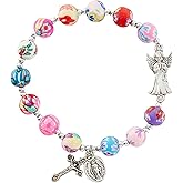 Lunch Money Guardian Angel Flower Bead Rosary Bracelet, 7-1/2" Stretchable