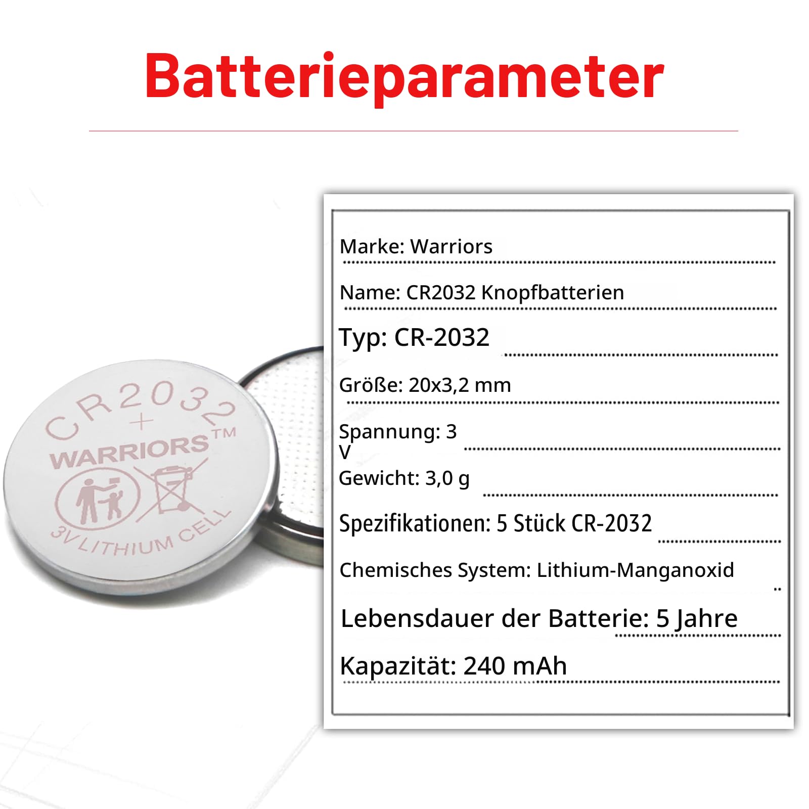 Warriors 20X CR2032 Batterien Knopfzellen, 20er Pack Vorratspackung, 3V 240mAh Extra Kapazität, Lange Haltbarkeit, Zuverlässige Knopfzellen für Schlüsselanhänger, Waagen 4