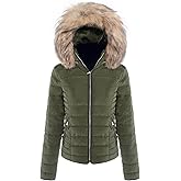 BodiLove Women's Everyday Warm Winter Quilted Puffer Short Coat High Collar Jacket with Removable Faux Fur Hood Zipper Olive M
