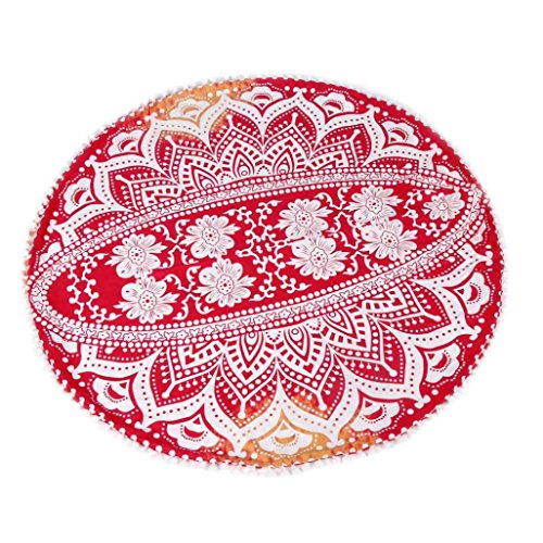 KMG Kimloog Round Pillow Cover, Decorative Mandala Pillow Sham, Indian Bohemian Ottoman Poufs, Outdoor Cushion Cover, Pom Pom (E)