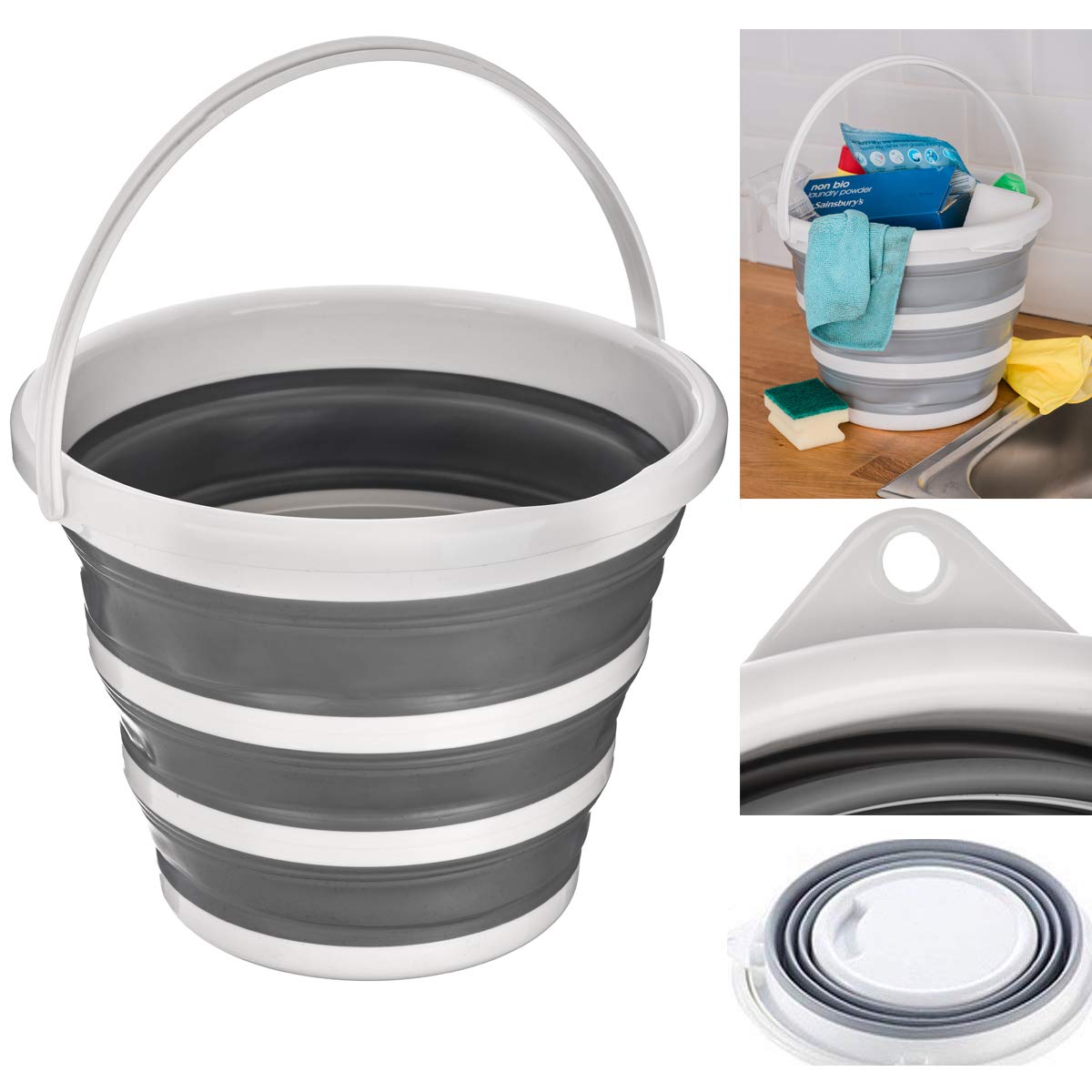 FiNeWaY Collapsible Folding Silicon Plastic Round Bucket - Great For Any Occasion Like; Kitchen, Outdoor, Camping, Hiking, Fishing, Office Or Sport Events (Grey)