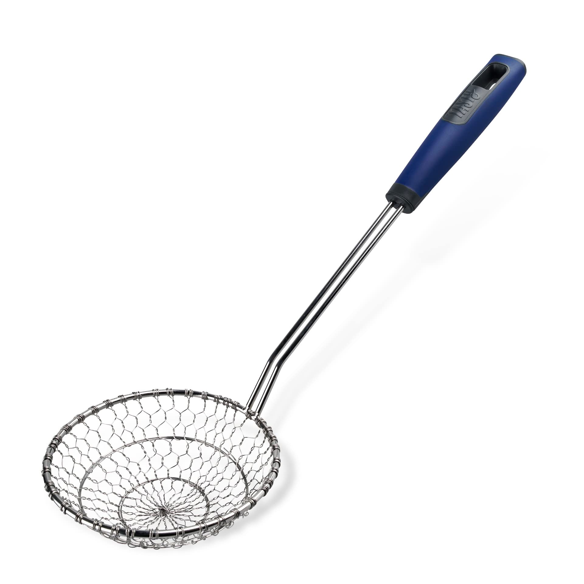 Tasty Everyday Kitchen Skimmer with Spider Head, Fine Mesh Stainless Steel Kitchen Strainer, Oil Strainer for Frying & Cooking, Soft-Touch Handle, Spider Strainer, Wire Mesh Spoon, Dark Blue & Silver