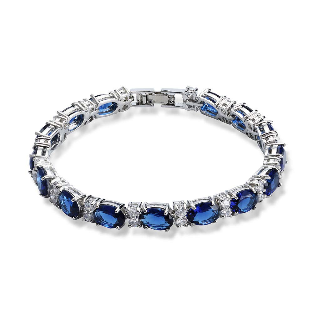 Hanie Tennis Bracelet for Women Silver-Tone White Gold Plated Sapphire Chain with Blue Oval & White Round AAAAA Cubic Zirconia, for Mother Wife Girlfriend Come in Gift Box