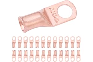 SELTERM 25pcs 2 AWG 3/8" Stud Battery Lugs, Ring Terminals, Heavy Duty Copper Wire Lugs, Battery Cable Ends, 2 Gauge Ring Terminal Connectors, UL Bare Copper Eyelets Electrical Battery Cable Lugs