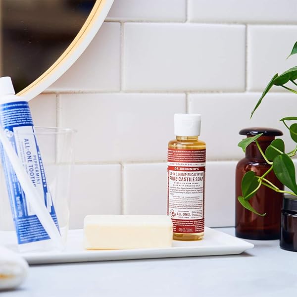 DR. BRONNER’S – PURE-CASTILE LIQUID SOAP (EUCALYPTUS, 4 OUNCE) – MADE WITH ORGANIC OILS, 18-IN-1 USES: FACE, BODY, HAIR, LAUNDRY, PETS AND DISHES, CONCENTRATED, VEGAN, NON-GMO