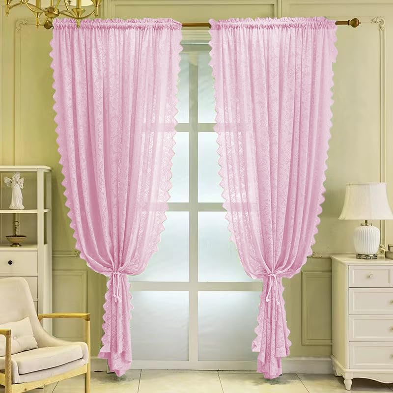 F-CHU Net Curtains for Windows 90 drop Pair Victoria Floral Pattern Window Curtain Net Curtain for Doors Decor 140cm Width x 229cm Drop (55"x 90") Pink Curtains