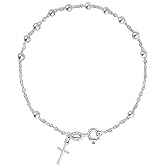 Savlano 925 Sterling Silver Italian Rosary Solid Bead Chain Cross Pendant 7 Inches Bracelet Comes With Gift Box for Women - Made in Italy