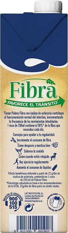 - Leche Puleva con Fibra de Achicoria y Avena, Bebida Láctea, Favorece el Tránsito Intestinal y Digestión, Calcio y Vitaminas, 50% Fibra Diaria por Vaso, Pack 6 x 1 Litro