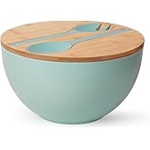 11.3" Extra Large Salad Bowl with Wooden Lid & Servers, 208Oz, Oversized Bamboo Fiber Salad Serving Set with Utensils for Home/Kitchen, Big Lightweight Bowl for Mixing Salad,Fruit,Pasta - Turquoise