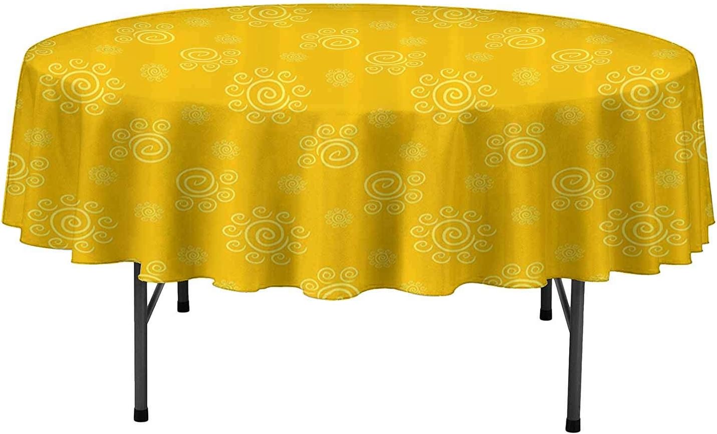 Round Tablecloth Yellow Decor Sun Solar Hand Drawn Style