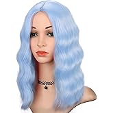 BEAUTIFA Light Blue Wig for Women Wavy Curly Light Blue Bob Wigs Middle Part 14 Inch Heat Resistant Synthetic Colorful Wig