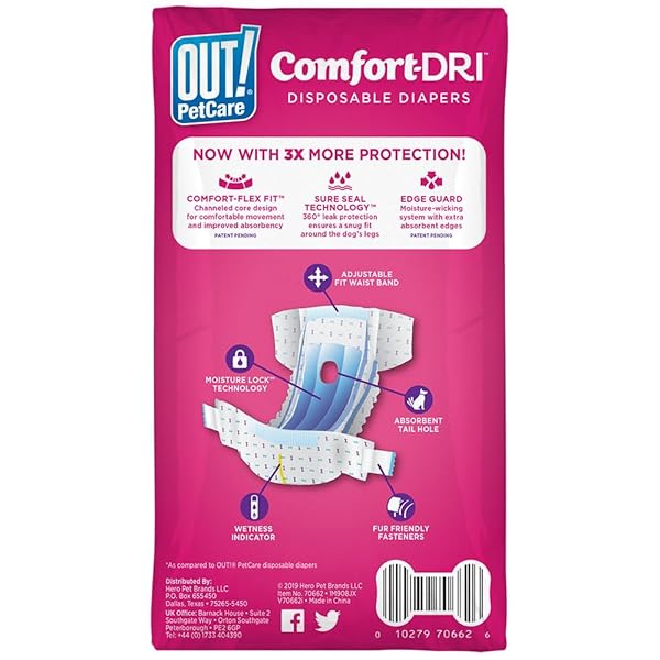OUT! PETCARE DISPOSABLE DOG DIAPERS FOR FEMALE DOGS, DOG HEAT DIAPERS, FEMALE DOG PERIOD PADS, FEMALE DOGGY DIAPER FOR PEEING, PET DIAPERS FOR SMALL PETS,13”-18” WAIST, XS/SMALL, 16 COUNT