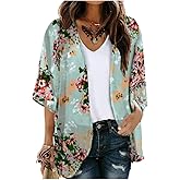 Fussangshu Women's Floral Print Puff Sleeve Kimono Cardigans Chiffon Casual Loose Open Front Cover Tops Cardigan Blouse