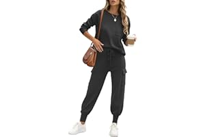 Caracilia Women's Two Piece Outfits Sweater Sets Long Sleeve Knit Tops Matching Cargo Jogger Pants 2024 Fall Lounge Sets