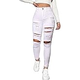 Cqinnifu High Waisted White Ripped Jeans for Women Stretch Butt Lifting Distressed Jean Skinny Jeggings