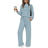 WIHOLL Two Piece Sets for Women Fall Travel Vacation Outfits 2026 Long Sleeve Lounge Sets Side Slit Wide Leg Pants S-3XL