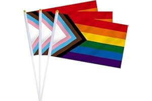 mflagperft Progress Rainbow Pride Flag Decorations Hand Held Small LGBTQ Gay Lesbian Bisexual Pansexual Transgender Mini Pride Month Flags on Stick 8.2x5.5 Inch Outdoor Decor 12 Pack (Progress