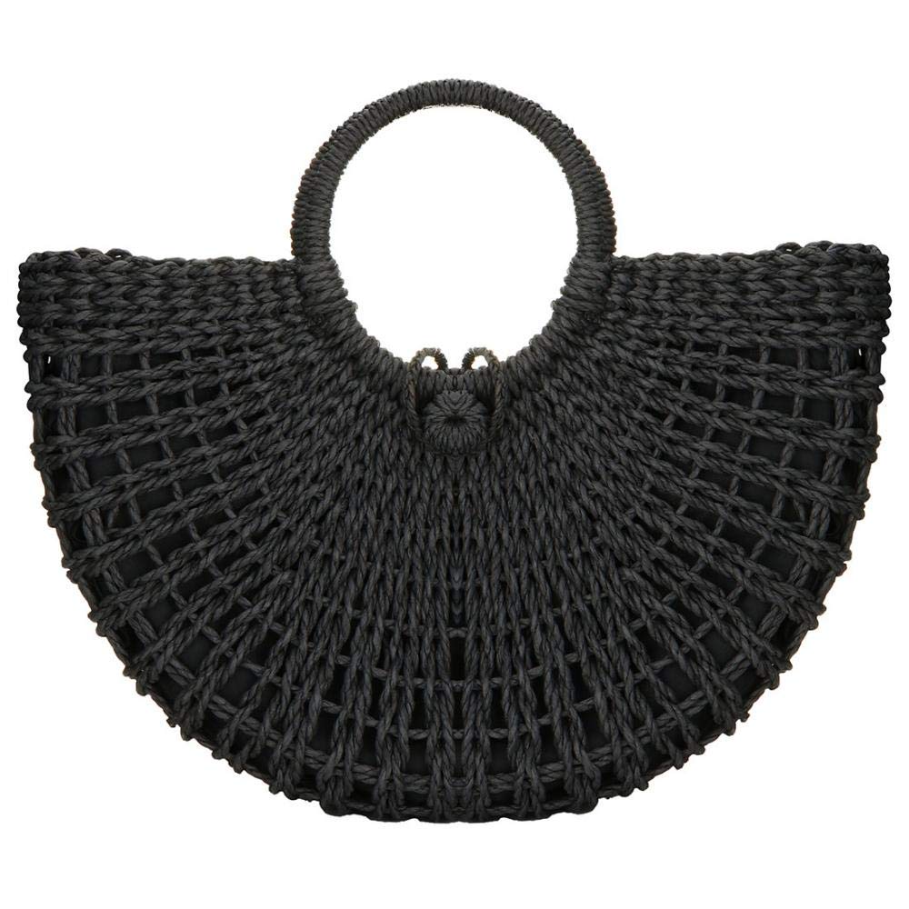 Straw Bag for Women Summer Handwoven Tote Bag Rattan Handbag Hollow Boho Style Clutch Purse for Beach Travel Daily Use (Black)