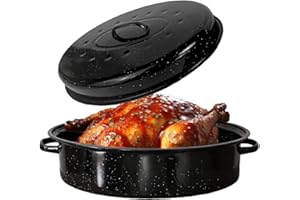 GRANITE BOWL 15"Oval Roasting Pan With Lid Small Chicken Roaster With 13.7in Inner Diameter Enamel Steel Roasting Pot Suitable for Outdoors Family Dinnerhigh Temperature Resistance Holiday Gifts