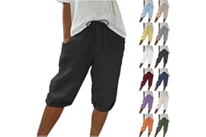 yardsong Linen Shorts for Women Knee Length Bermuda Shorts Drawstring Elastic Waist Summer Casual Gym Shorts with Pockets