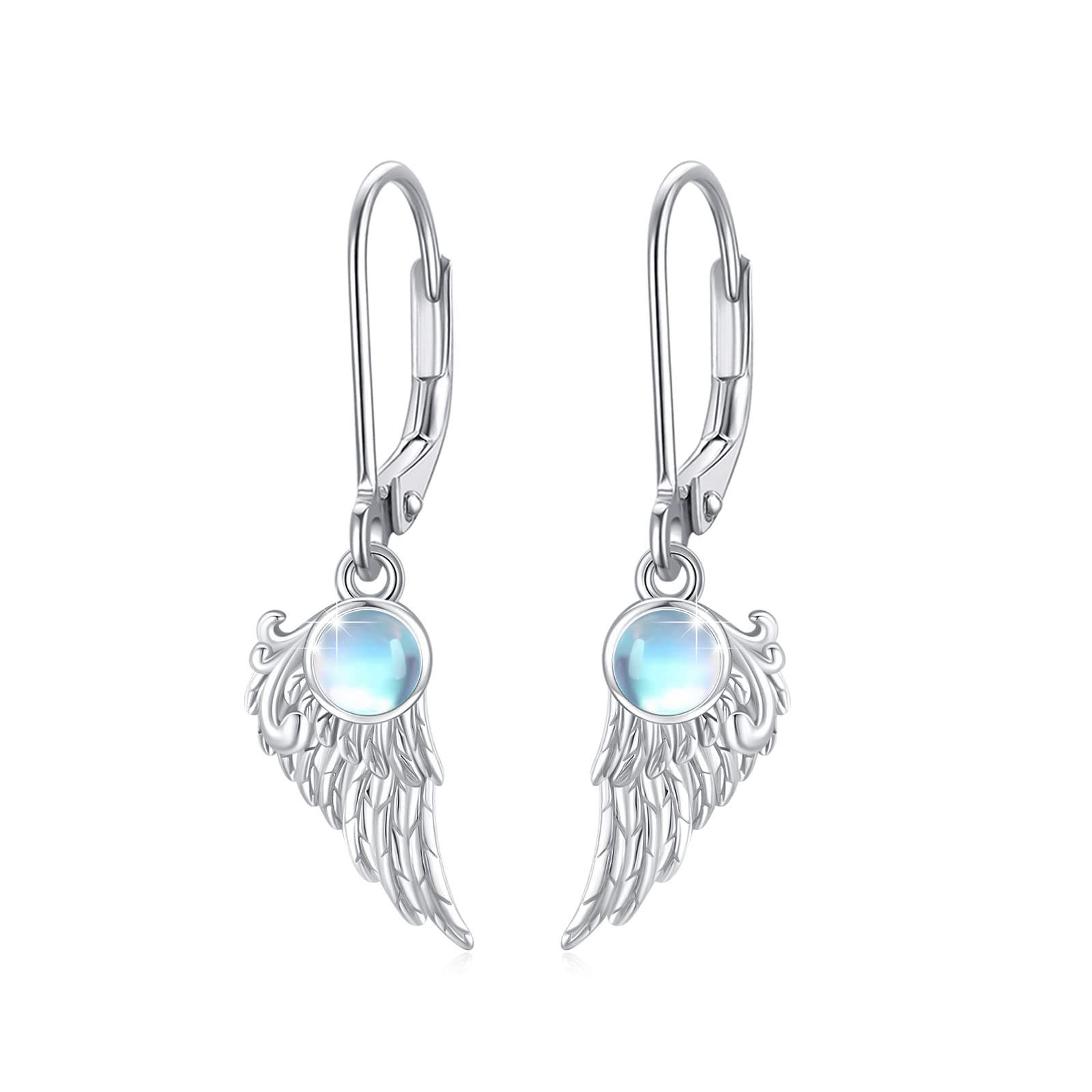 Angel Wings Earrings 925 Sterling Silver Guardian Angel Wings Leverback Earrings Moonstone Angel Dangle Hoop Earrings Jewelry Gifts for Women Girls