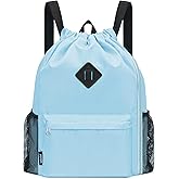 WANDF Drawstring Backpack Sports Gym Bag with Shoes Compartment, Water-Resistant String Backpack Cinch for Women Men(Large,Light blue)