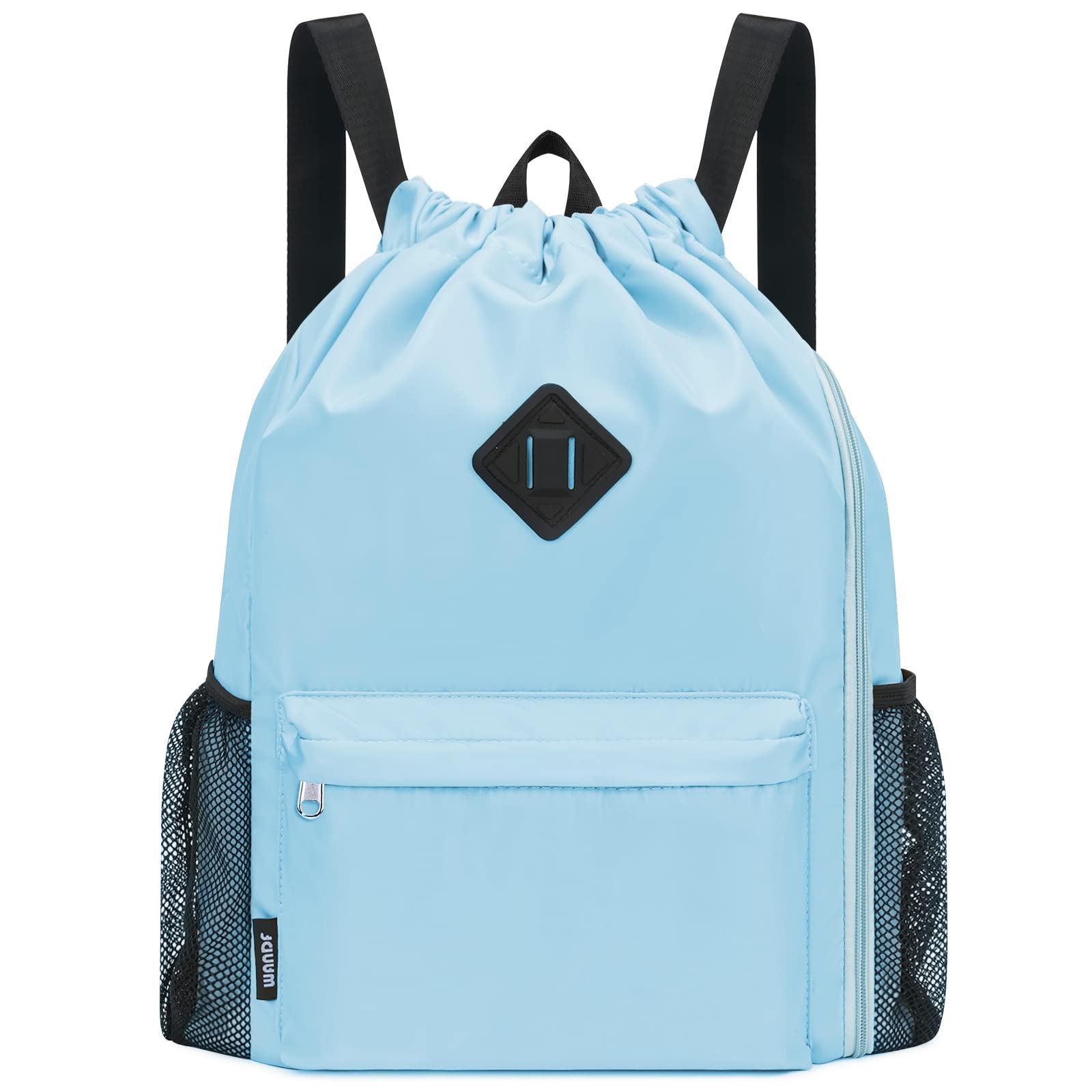WANDF Drawstring Backpack Sports Gym Bag with Shoes Compartment, Water-Resistant String Backpack Cinch for Women Men(Light Blue,Large)