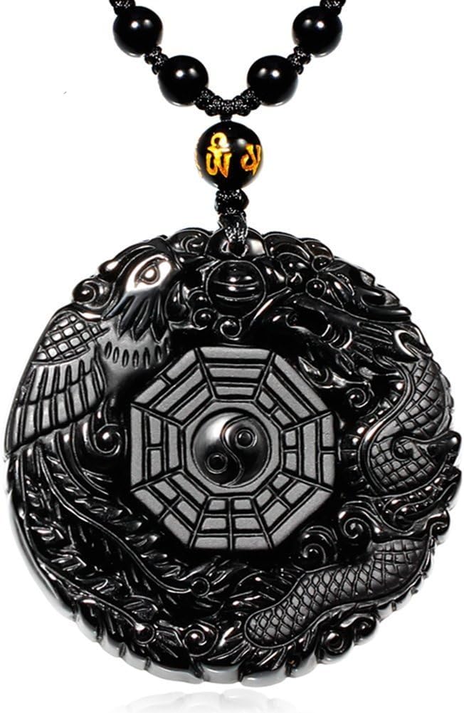 MOHICO Obsidian Pendant Necklace Obsidian Crystal Pendant Necklace Pattern with Extend Bead Chain for Men or Women