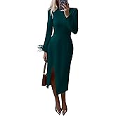 PRETTYGARDEN Women's 2025 Fall Long Sleeve Dress Formal Midi Bodycon Wrap Slit Feather Elegant Wedding Guest Cocktail Dresses