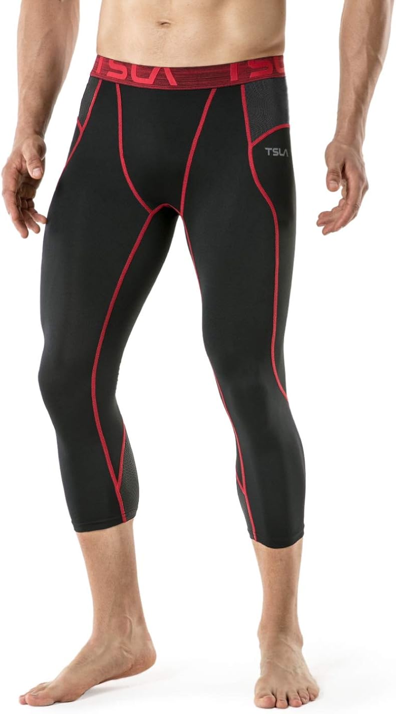 TSLA Men's Compression 3/4 Capri Pants Baselayer Cool Dry Sports Running Yoga Tights : Clothing