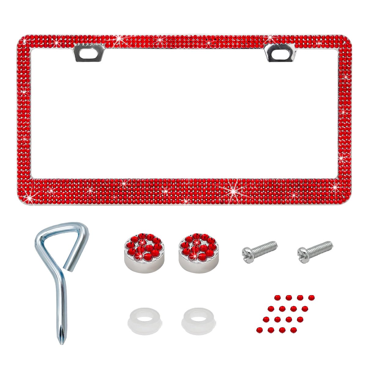 Photo 1 of Ziciner Bling License Plate Frame, Sparkly License Plate Tag Cover with Multifaceted Rhinestones, Stainless Steel Crystal License Plate Holder, Universal Exterior Car Accessories (Red, 1PCS)