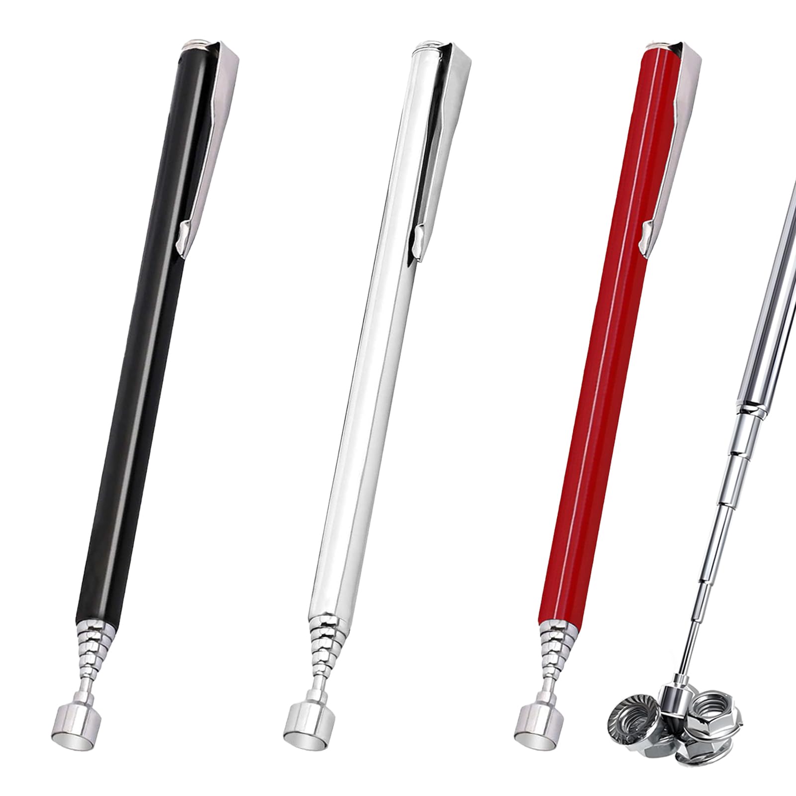 3 Pcs Telescopic Magnetic Pickup Tool Rod Set - Extendable Magnetic Handheld Stick - Durable Magnetic Retrieval Pen for Bolts, Nuts, Screws, Metal Pieces, Extending to 65cm/62cm(Silver, Black, Red)