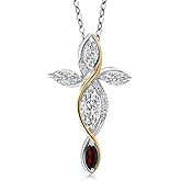 Gem Stone King 1.22 Cttw Cross Necklace For Women | 925 Silver and 10K Yellow Gold | Lab Grown Diamond and Red Garnet | Jesus Christian Religious Crucifix | Marquise Cut 8X4MM | With 18 Inch Chain