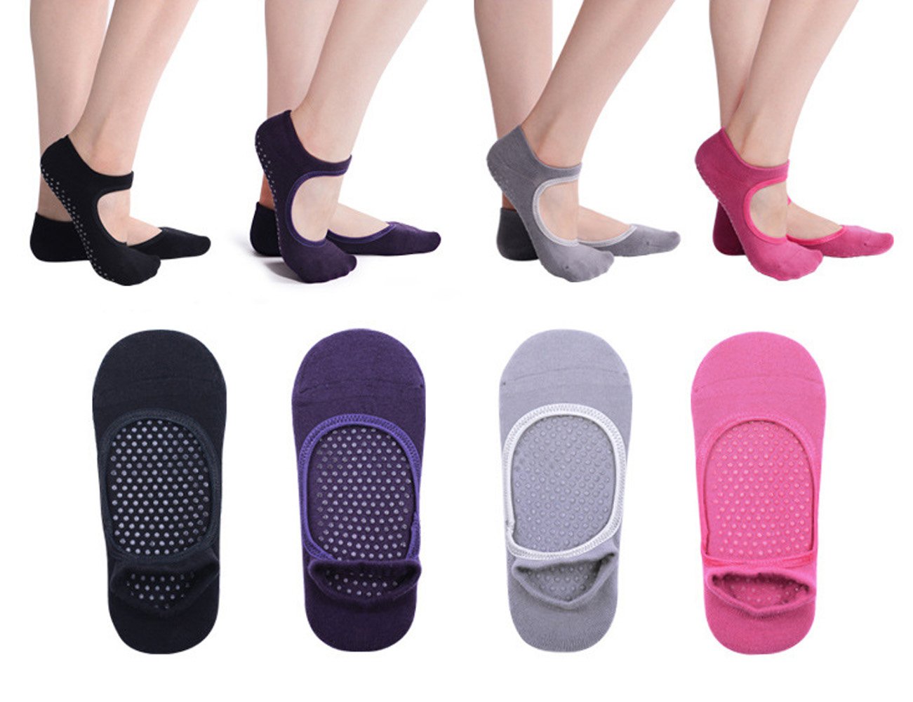 Safeyo Women's Non Slip Mary Jane Ballet Grip Sock with Grip for Barre Pilates Yoga, Pack of 4