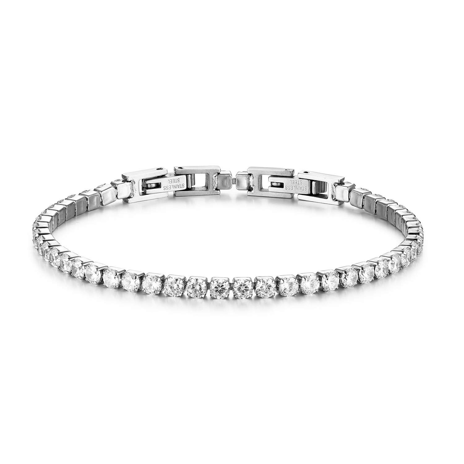 JewelryWe Tennis Bracelet Sparkling Cubic Zirconia Stainless Steel Link Chain Bracelet for Men Women, Wedding Anniversary Birthday Christmas Gift