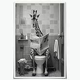 Funny Bathroom Wall Art Giraffe in Toilet Canvas Prints Animal in Toilet Black And White Wall Art Giraffe Posters Unique Animal Paintings for Bathroom Home Office Dorm Decor 12x18inch Unframed