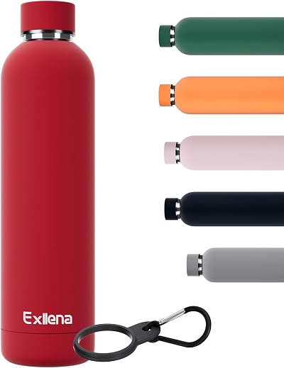 Exllena 1L Insulated Water Bottle with Clip Red Stainless Steel BPA Free