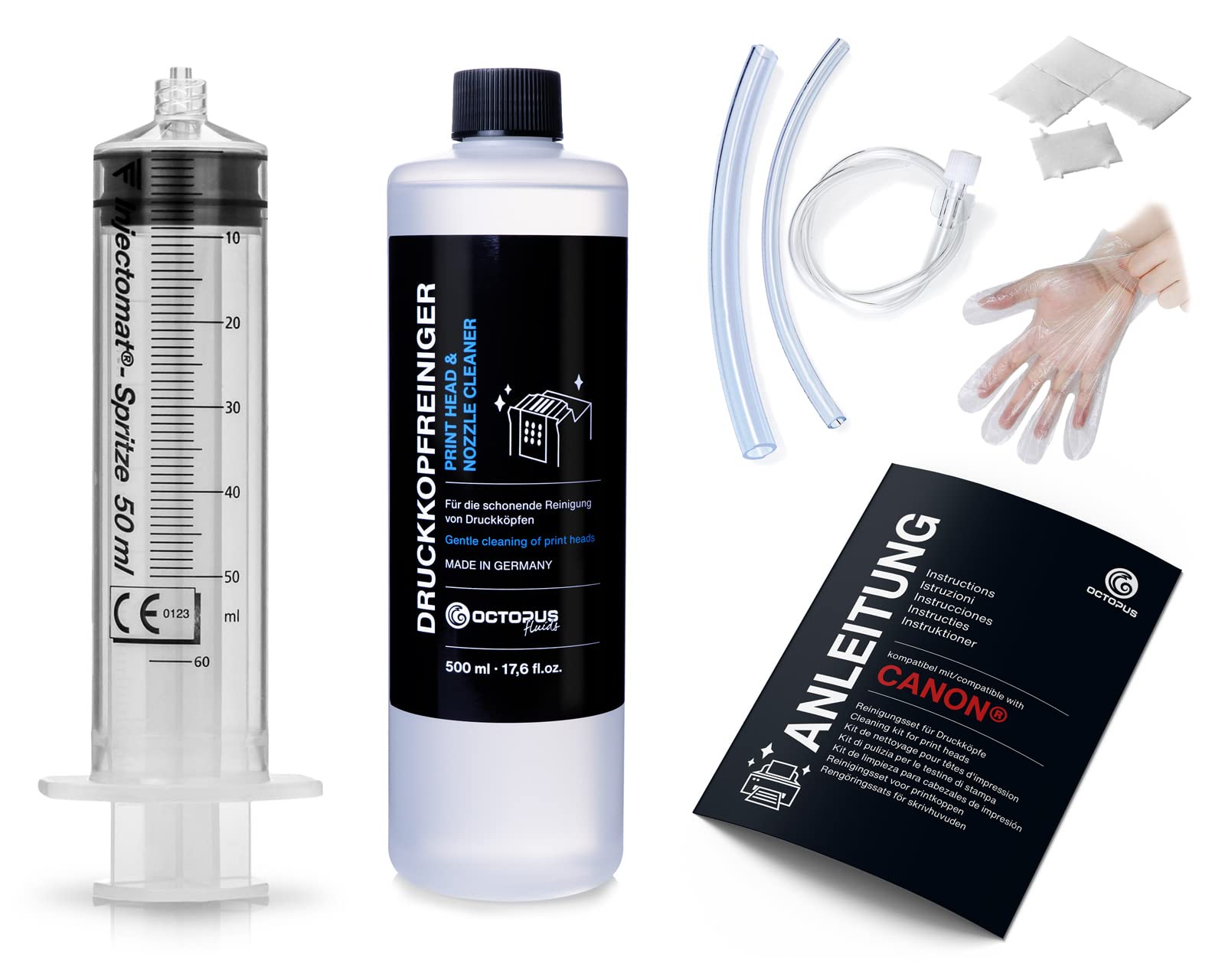 Octopus nozzle cleaner, print head cleaner compatible for Canon Pixma print heads with hose adapters (500 ml)