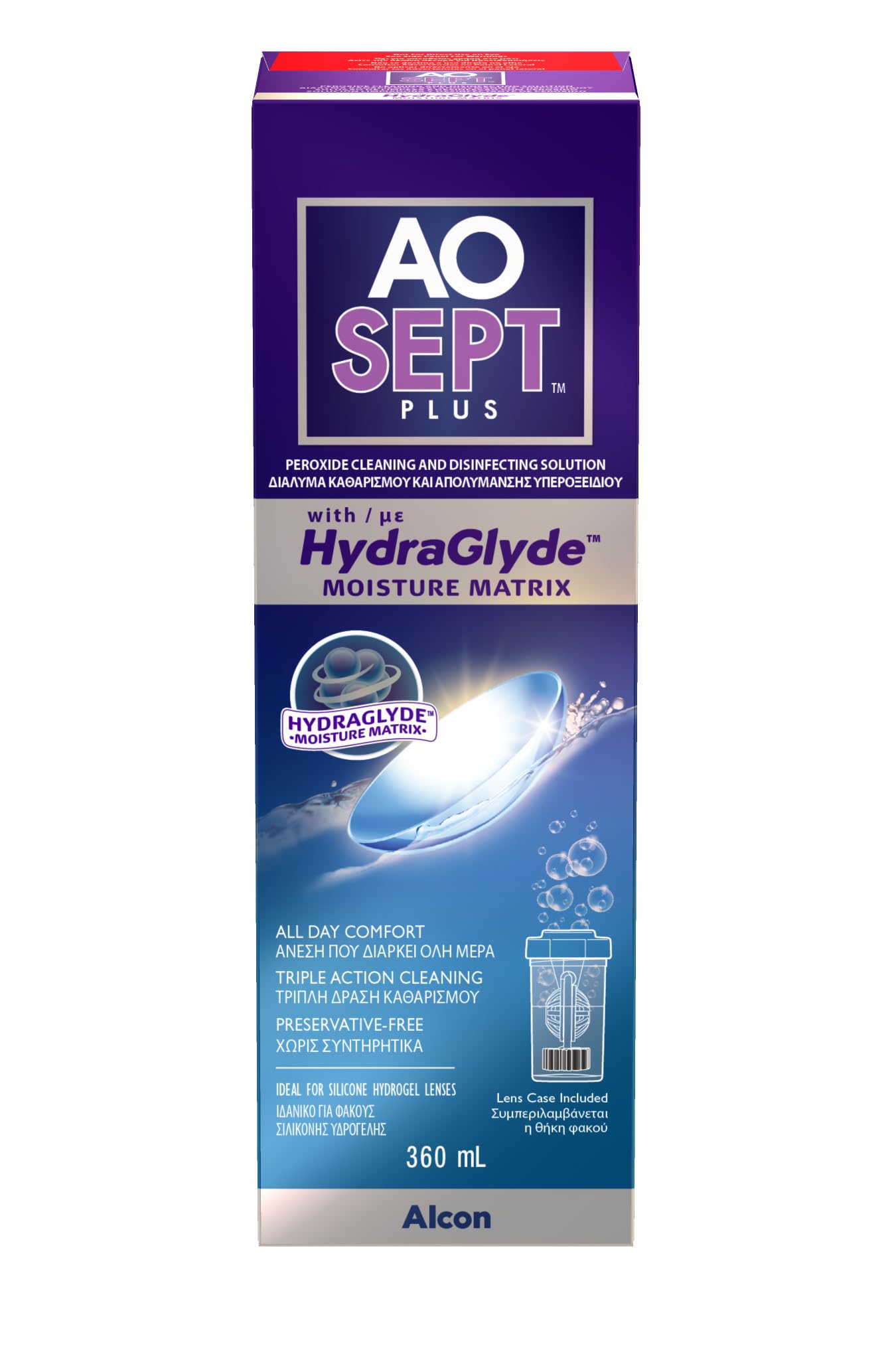 Aosept Plus with Hydraglyde contact lens care soultion | single bottle | 1 x 360 ml
