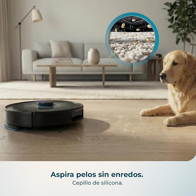 Robô aspirador e esfregão de chão com AI Conga M90 Dark. Navegação a laser, aspiração motora 25000Pa, autonomia 240 minutos, escova de silicone, para animais de estimação, Bluetooth e WiFi, controlo por aplicação