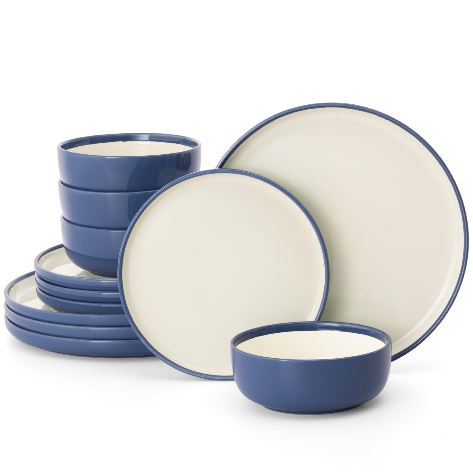 Photo 1 of Famiware Lake MacDonnell Plates and Bowls Set for 4, 12 Pieces Dinnerware Sets, Handcrafted, Stoneware Dishes Set, Blue and Beige