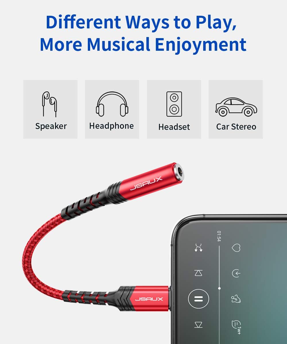 Lightning to 3.5mm Adapter, JSAUX [Apple MFi Certified] iPhone Headphone Adapter Lightning to Audio Jack Aux Converter Compatible with iPhone 12 Mini/12 Pro Max/11 Pro/11 Pro Max/SE/X XR XS Max 8-Red: Electronics