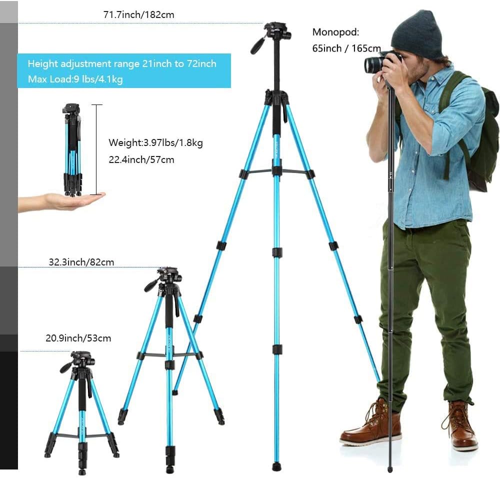 72-Inch Camera/Phone Tripod, Aluminum Tripod/Monopod Full Size for DSLR with 2 Quick Release Plates, Universal Phone Mount and Convenient Carrying Case Ideal for Travel and Work - MH1 Blue : Camera & Photo