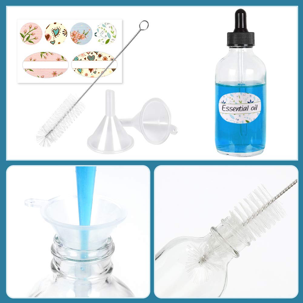 CycleMore 4oz 120ml 6 Pack Clear Glass Boston Bottles with Glass Eye Droppers, Glass Dropper Bottles for Essential Oils & Lab Chemicals & More Liquids (1 Brush, 2 Funnels and 12 Labels Included): Industrial & Scientific