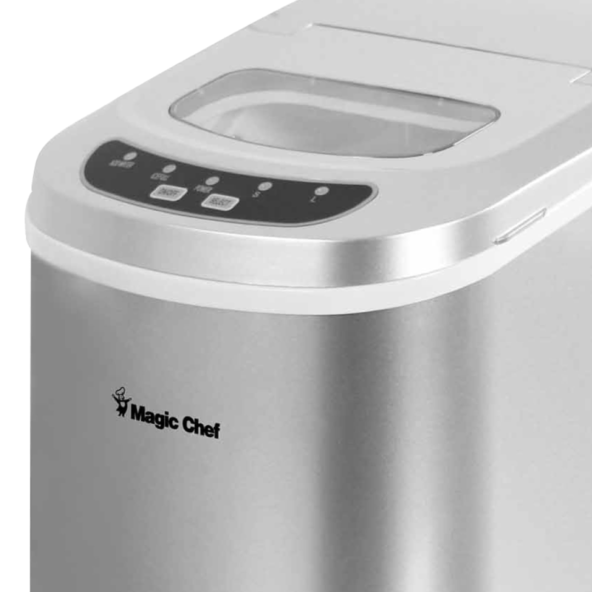 Magic Chef 27-Lb. Portable Ice Maker in Silver, Tabletop Ice Maker for Kitchen, Apartment, Dorm, and Basement with Viewing Window, 2 Ice Cube Sizes, and Ice & Water Level Indicator Lights