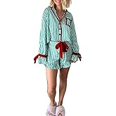 Argeousgor Women Y2K Satin Pajamas Bow Tie 2 Piece Pjs Set Long Sleeve Button Down Shirt Ruffle Shorts Sleepwear